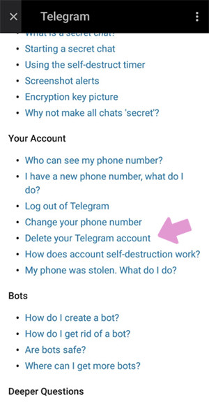 Кликните на "Delete your Telegram account".
