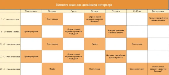 Контент план для студии дизайна интерьера