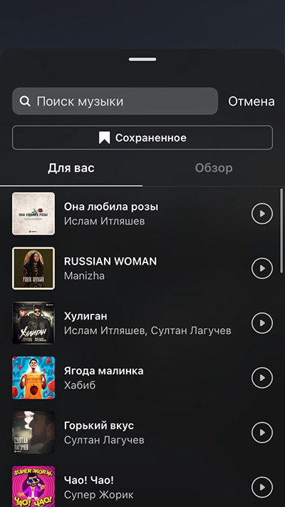 Так выглядит музыкальная библиотека в Инстаграм сторис.