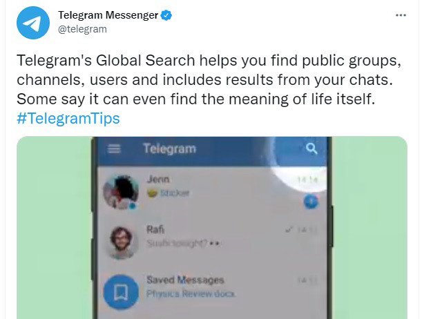 Пост в твиттере о глобальном поиске в Telegram (от 17 февраля 2021 года).