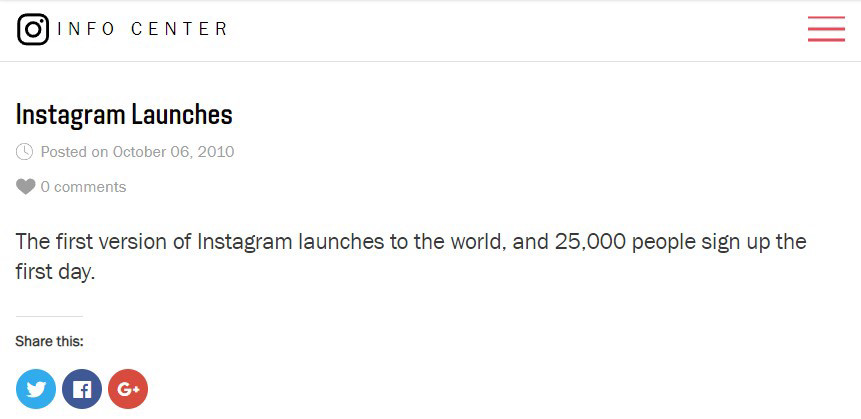 Анонс в блоге Инстаграм от 6 октября 2010 года о запуске соцсети.