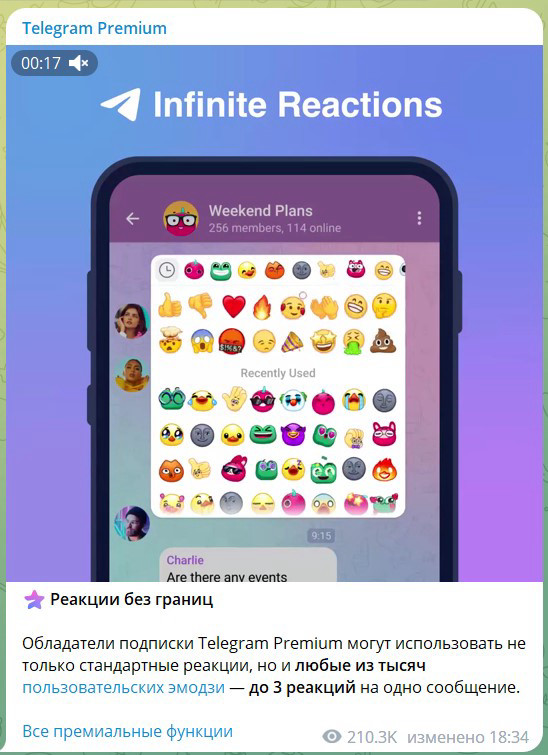 "Реакции без границ" в Telegram Premium позволяет использовать любые пользовательские эмодзи и оставлять до 3-х реакций одновременно.