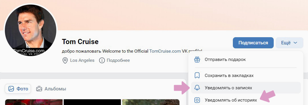 Шаг #2 (для ПК) — Выберите "Еще" → "Уведомлять о записях" или "Уведомлять об историях".