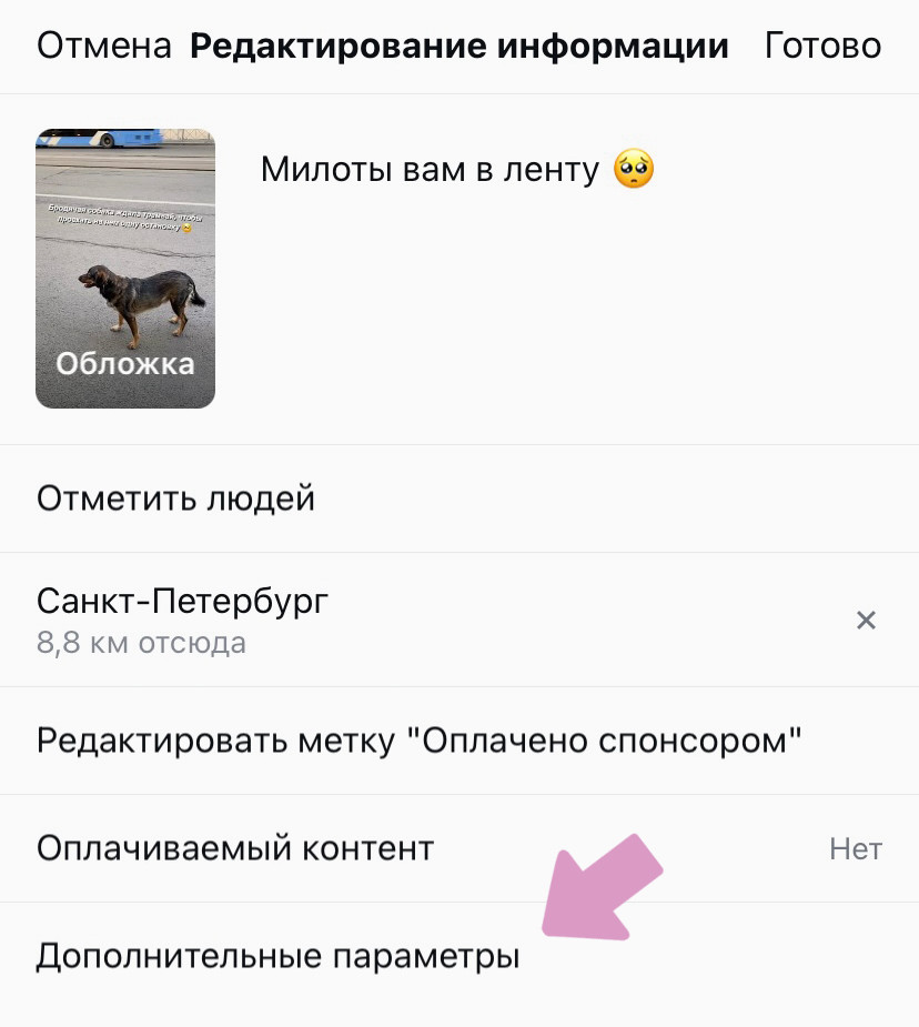В настройках рилс выберите "Дополнительные параметры".