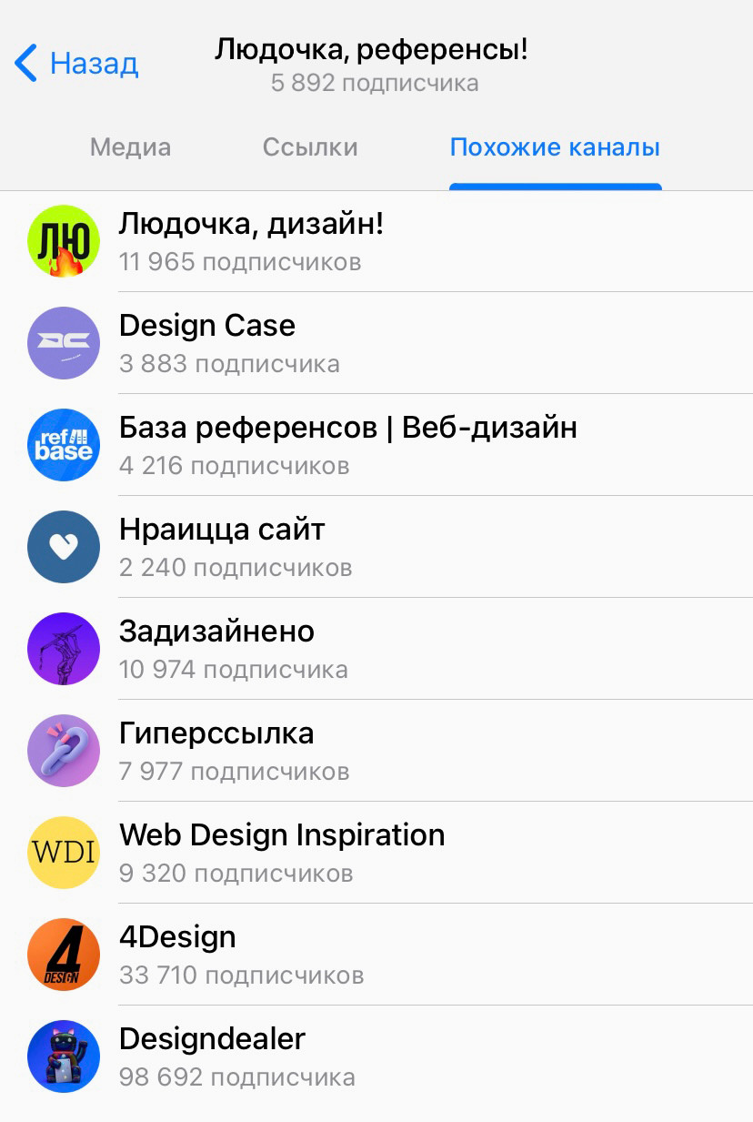 Так выглядит список похожих каналов, рекомендуемых алгоритмами Телеграм.