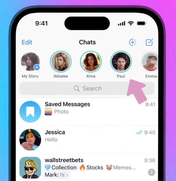 Так выглядит панель "Сторис" в Телеграм (находится в верхней части чатов).