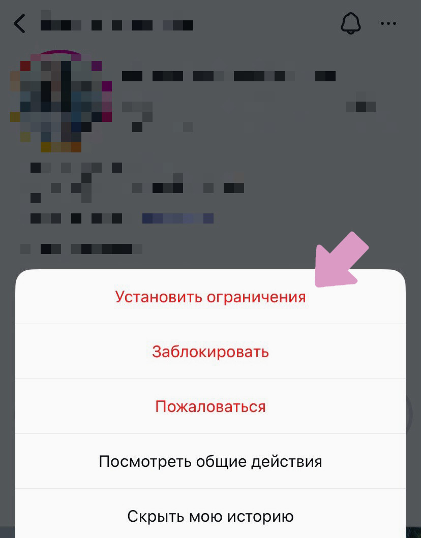 Профиль человека → "…" в правом верхнем углу → "Установить ограничения".