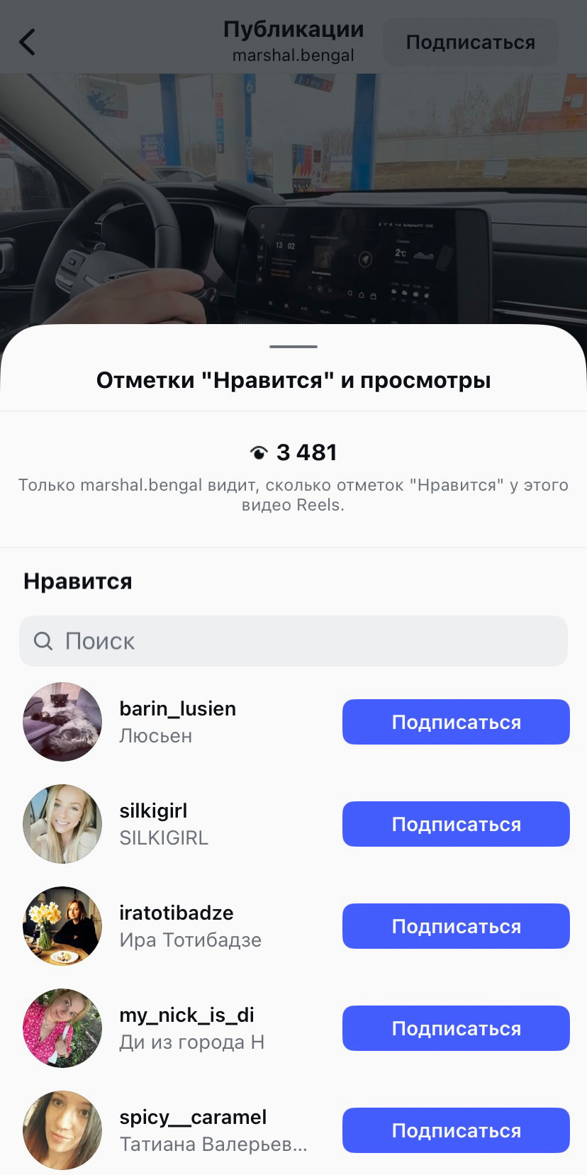 Так выглядит список всех, кто поставил лайк публикации.