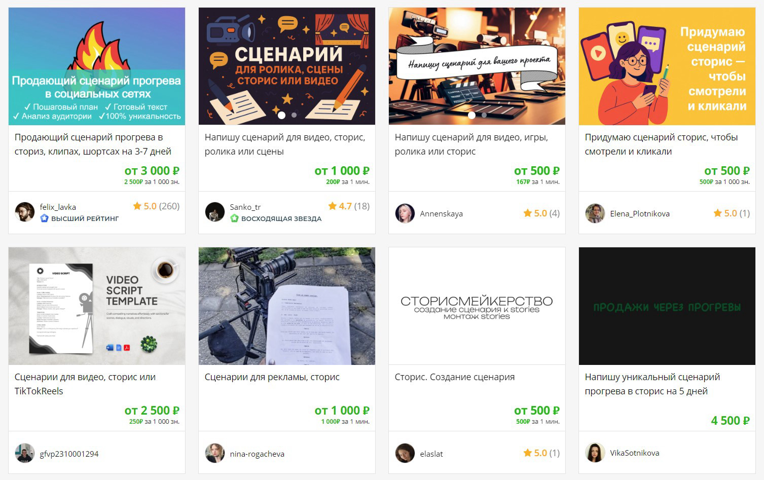 Результат поиска в Kwork по запросу "сторис сценарий".