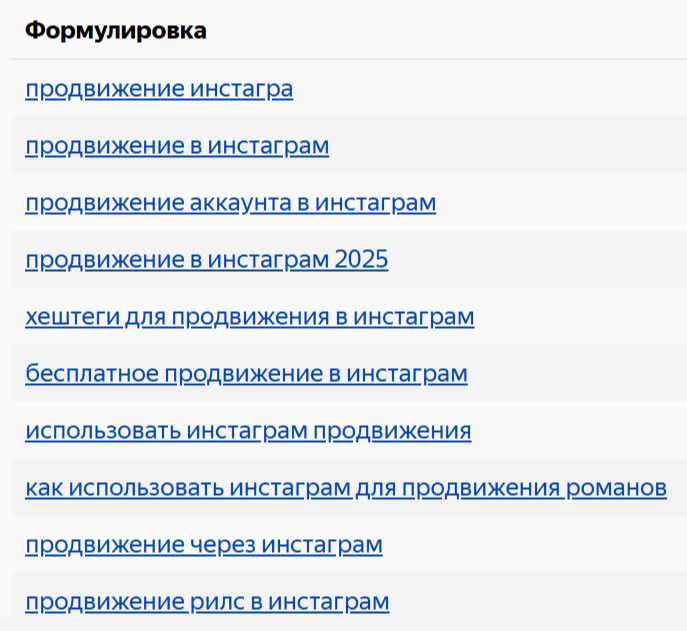 Пример ключей из Яндекс.Вордстат по фразе "инстаграм продвижение".