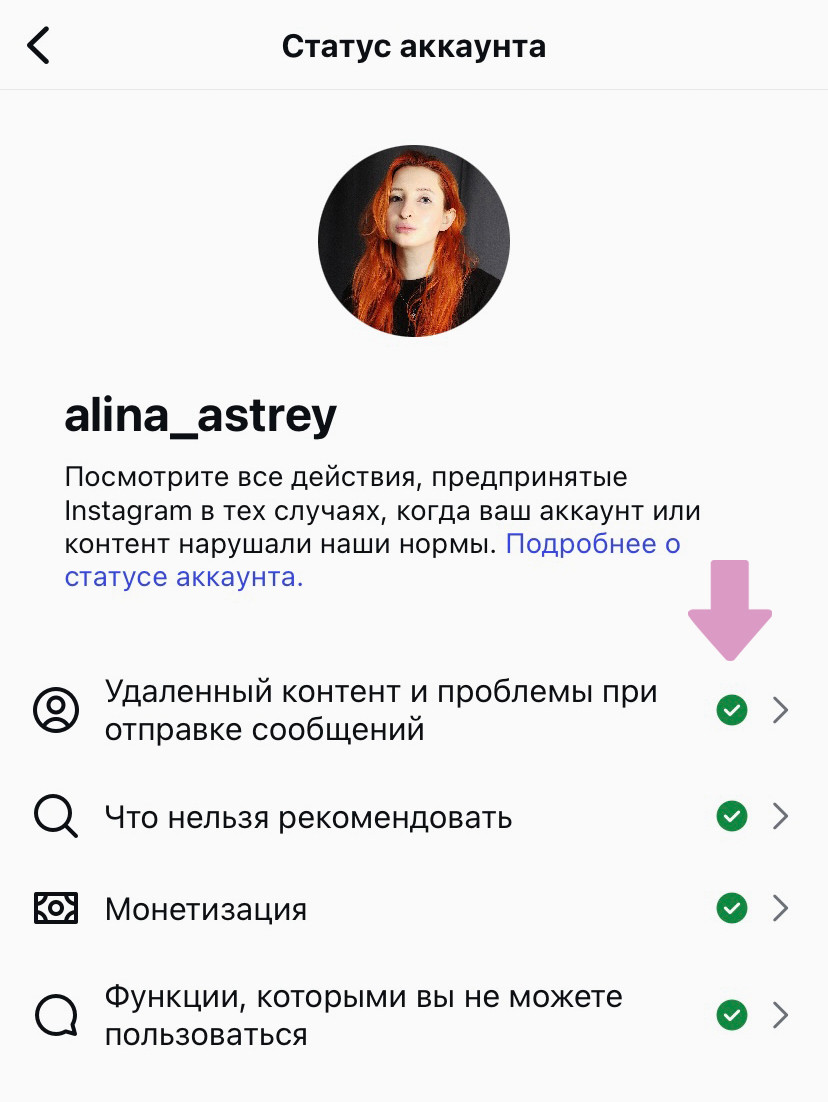 Пример вкладки "Статус аккаунта" в Инстаграм. Тут можно проверить аккаунт на теневой бан.