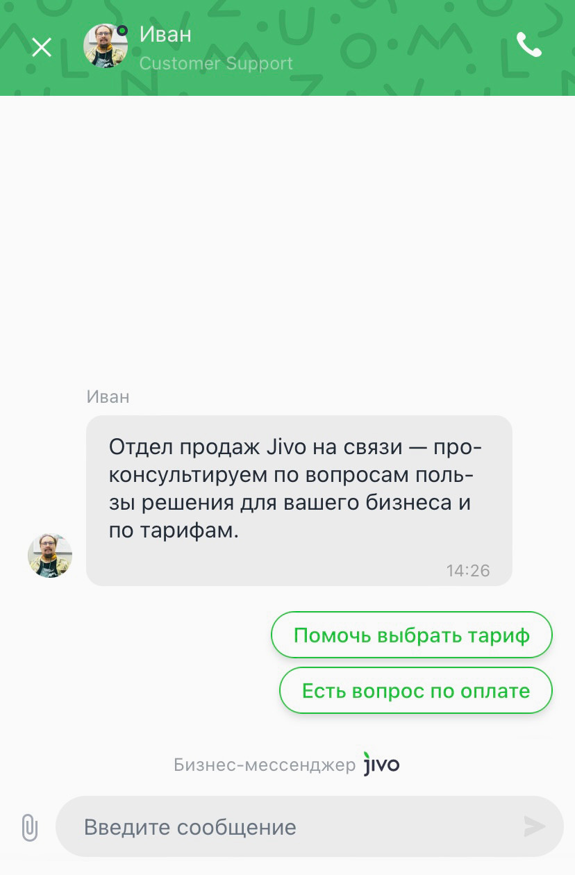 Пример онлайн чата от Jivo.