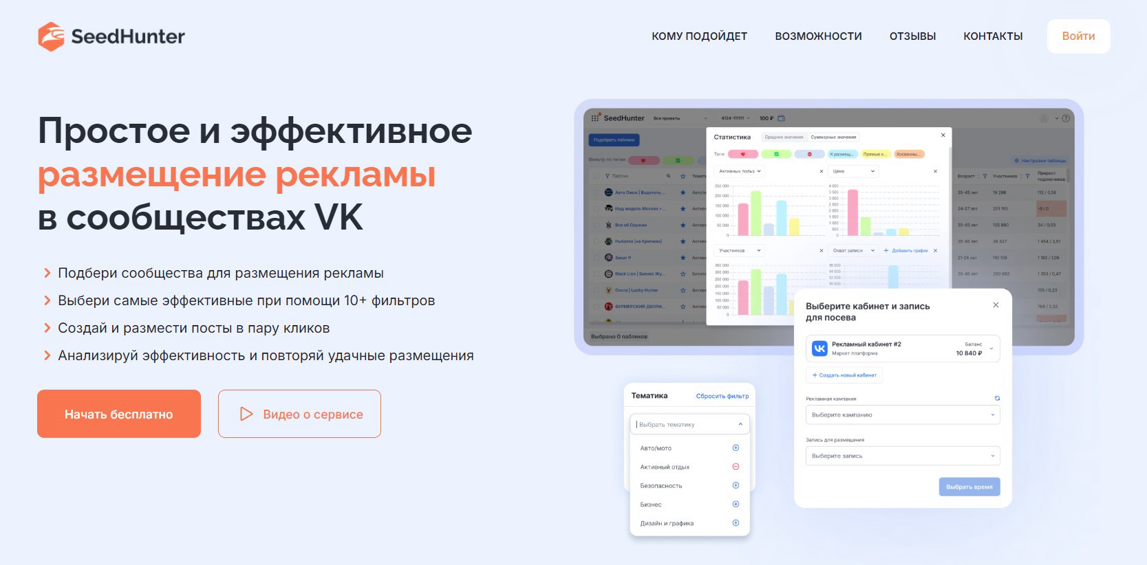 SeedHunter — платформа для нативной рекламы в сообществах ВКонтакте с подбором по фильтрам и аналитикой эффективности.