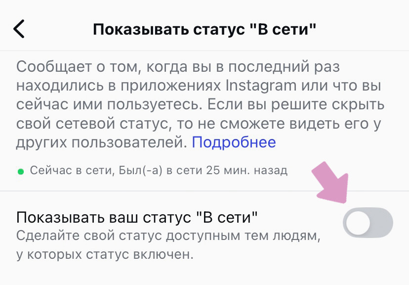 Деактивируйте ползунок чтобы скрыть свой статус "В сети".