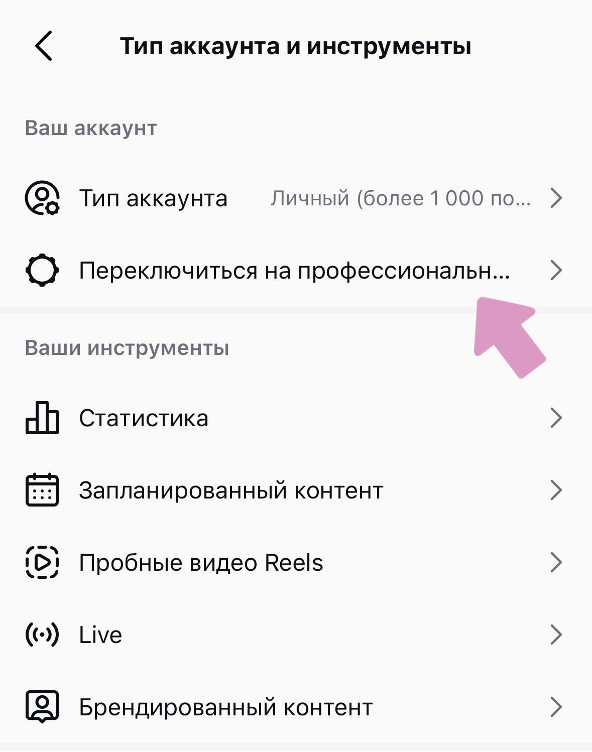 Нажмите "Переключиться на профессиональный аккаунт".