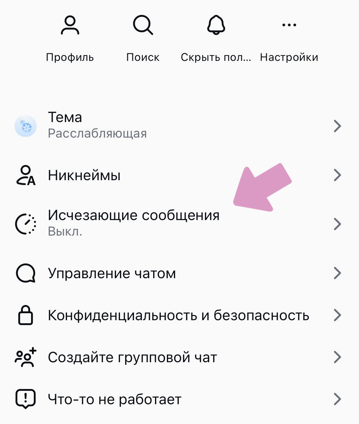 Выберите "Исчезающие сообщения".