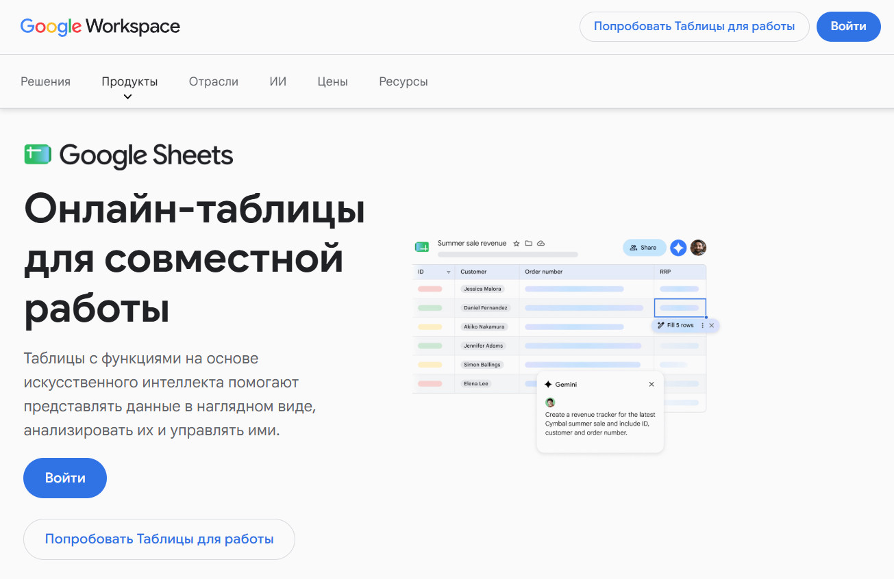 Сервис Google Sheets.