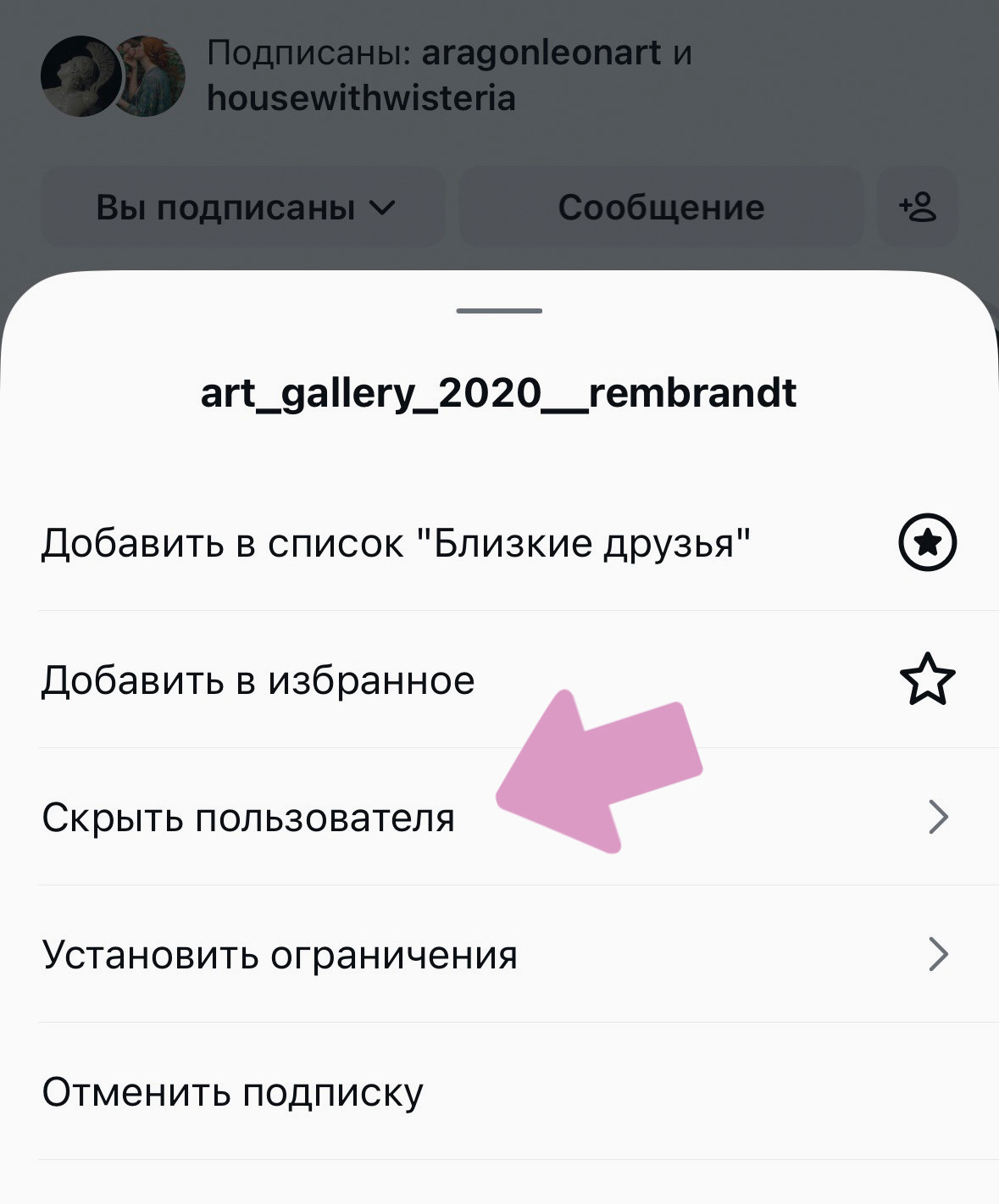 Перейдите в "Скрыть пользователя".