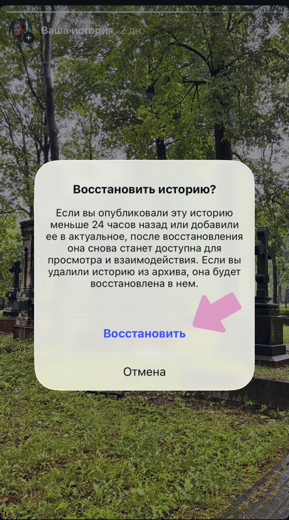Выберите нужную сторис → "..." → "Восстановить".