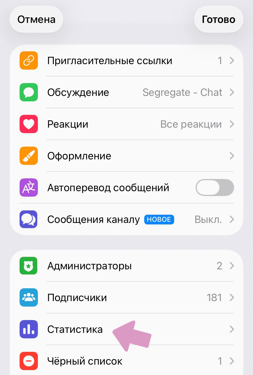 Профиль Телеграм-канала → "Настройка канала" → "Статистика".