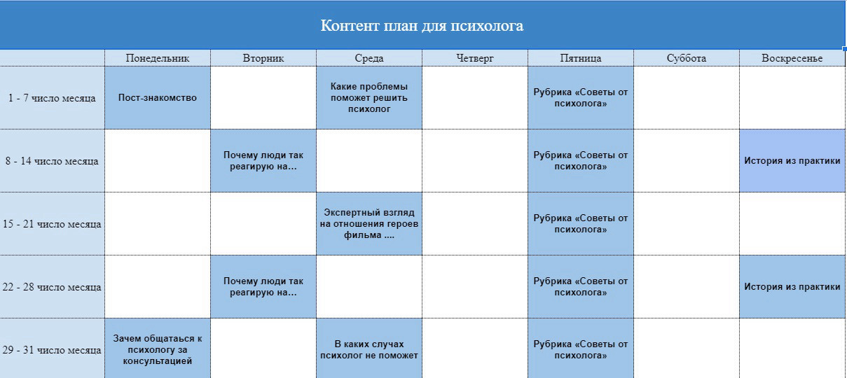 Пример контент-плана для Инстаграм в виде таблицы в Google Sheets.