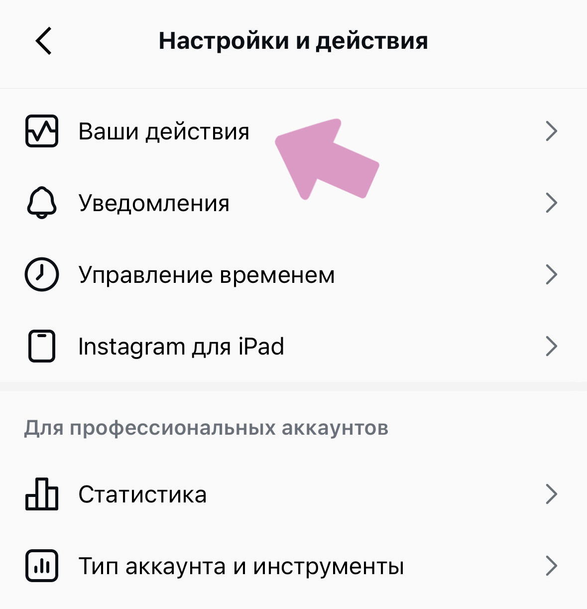 Профиль Инстаграм → Меню ("три вертикальные полосы") → "Ваши действия".