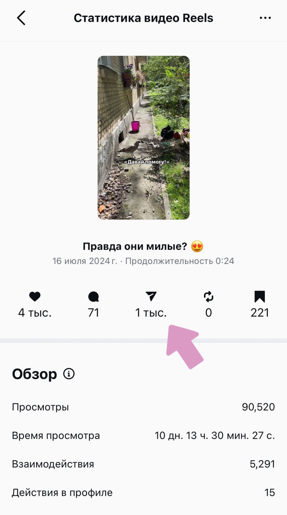 Статистика по репостам в сторис или Директ отображается под значком "Самолетик".